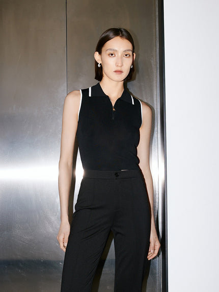 Women's Black Polo Zipper Neck Contrast Binding Knitted Top