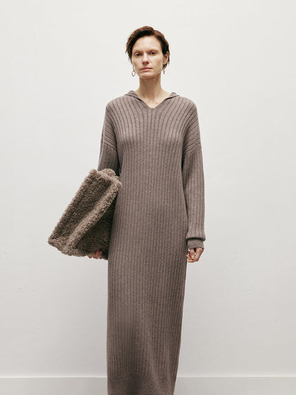 Women's Sandstone Brown Round Neck Loose Fit Wool Jersey Dress