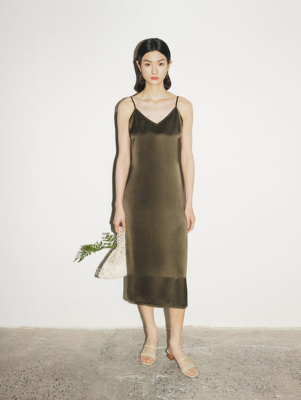 Women's Sandstone Brown V Neck Smooth Acetate Slip Dress