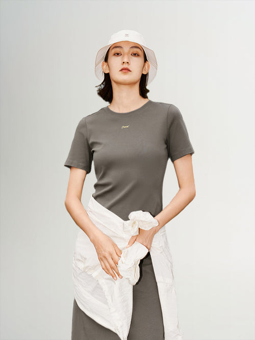 Load image 1 in gallery view. Women's Sandstone Brown Round Neck Short Sleeves Cotton Jersey Dress 5E7193081