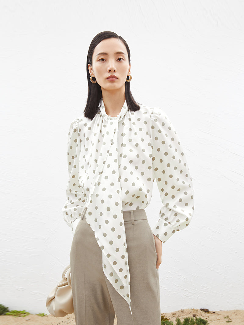 Women's Polka Dots Puff Sleeve Silk Blouse