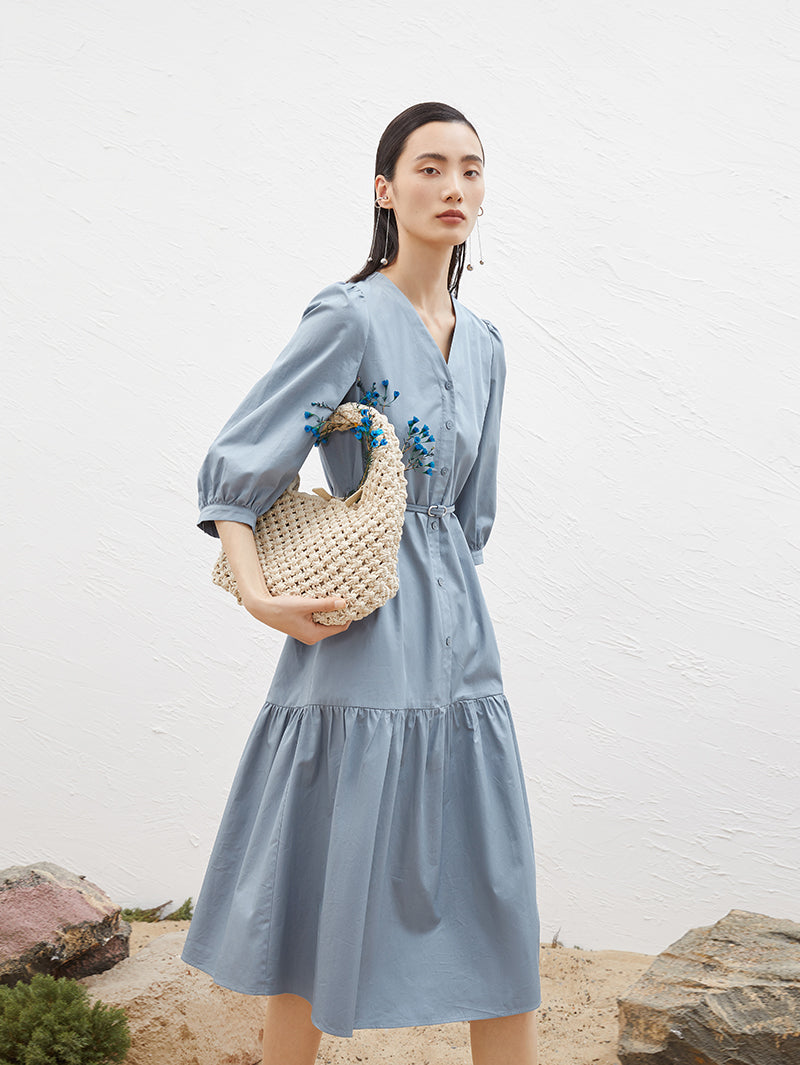 Women's Blue V Neck Puff Sleeve Natural Waist Dress