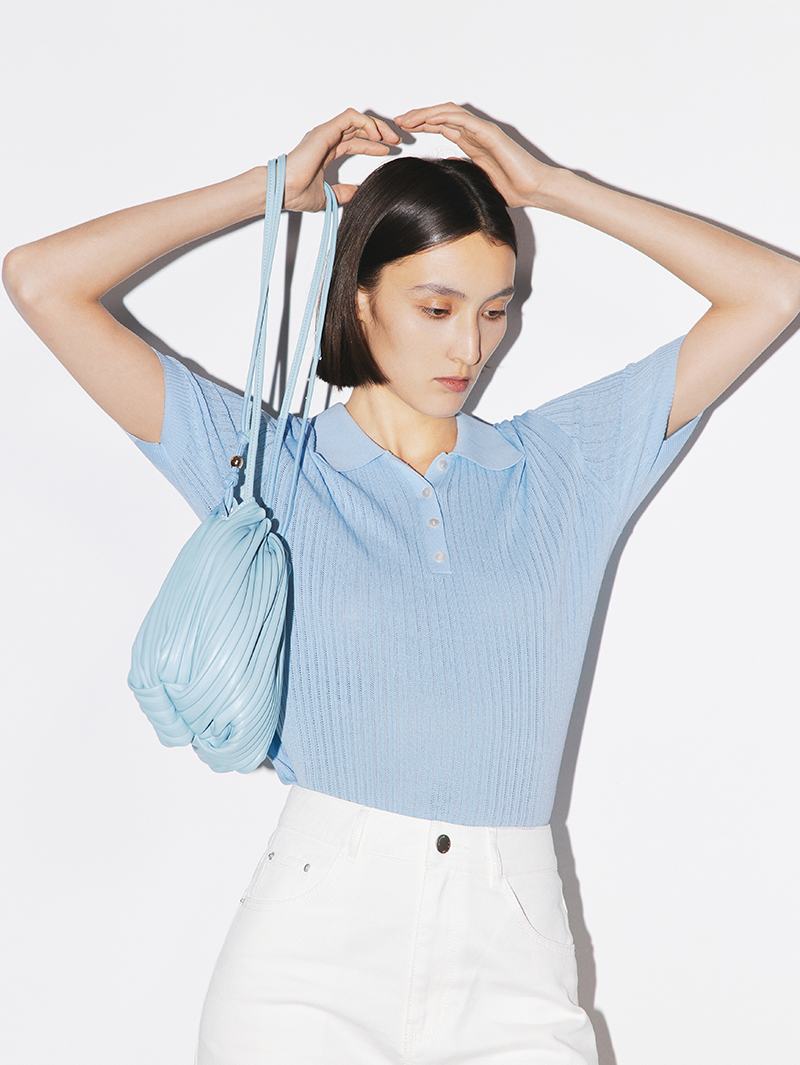 Women's Sky Blue Polo Neck Short Sleeves Knit Top