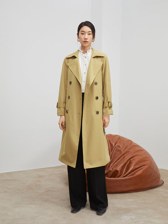 Women's Khaki Double Breasted Sheep Wool Trench Coat with Belt