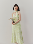 Women's Green FloralV Neck Slip Dress