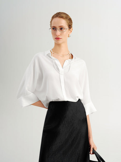 Load image 1 in gallery view. 100% Mulberry Silk Relaxed-Fit Drop-Shoulder Lapel Three-Quarter Sleeve Shirt