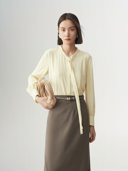 Women's Light Yellow Bow-knot Neck Long Sleeve Acetate Blouse