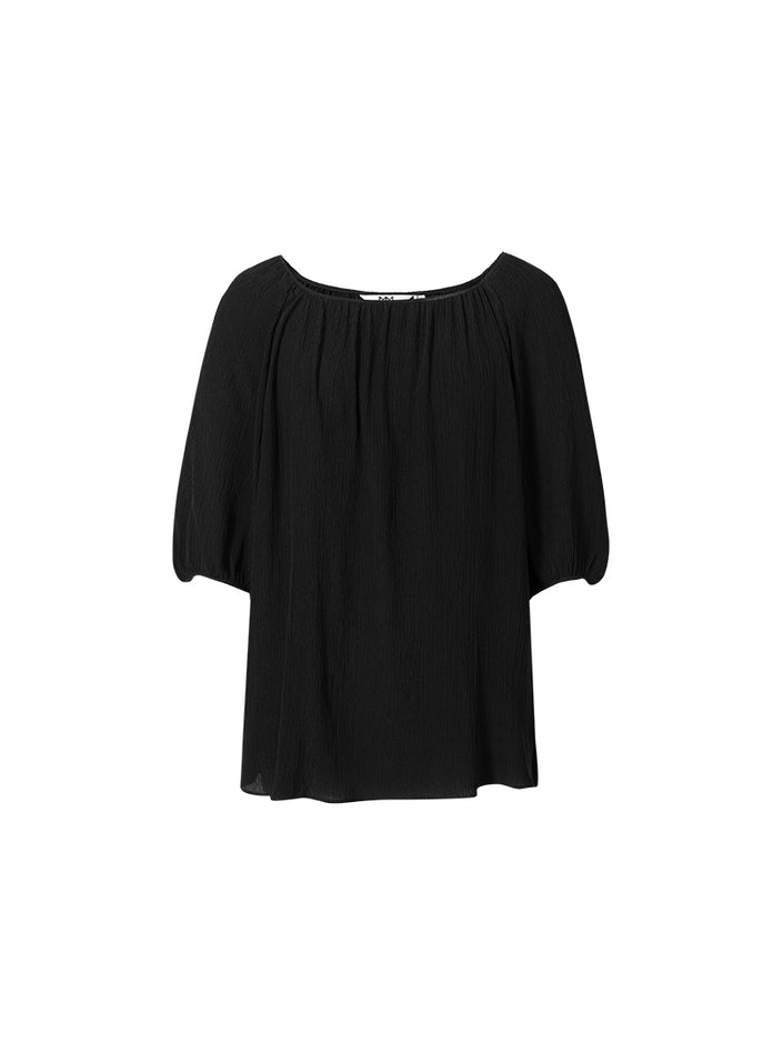 Blouse en soie noire à col rond et manches courtes