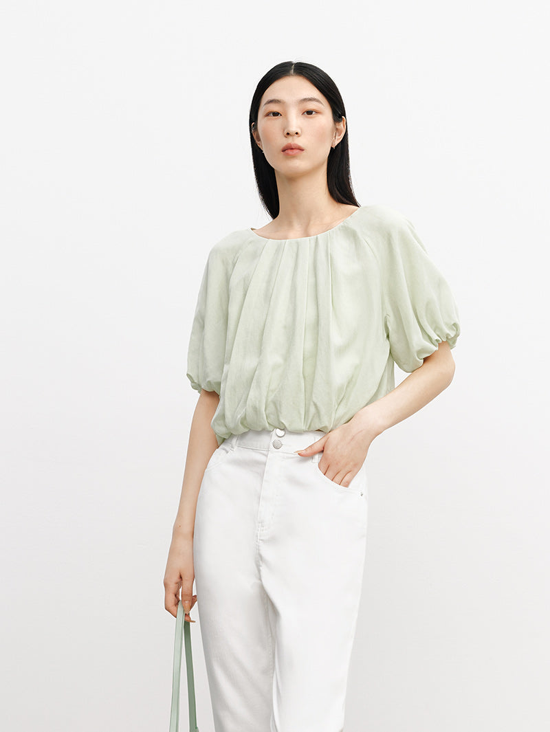 Women's Light Green Round Neck Puff Sleeve Blouse Top