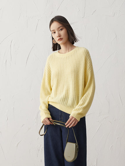 Women's Light Yellow Long Sleeve Wool Pullover Sweater