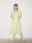 Women's Light Green Square Neck Puff Sleeves Texture Comfy Dress