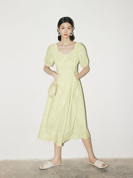 Women's Light Green Square Neck Puff Sleeves Texture Comfy Dress