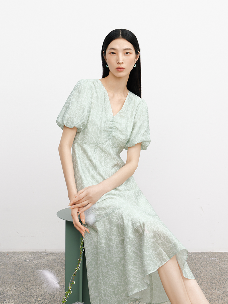 Women's Floral Mint Green V Neck Slim Fit Breathable Lyocell Dress