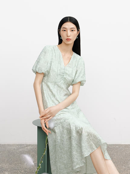 Women's Floral Mint Green V Neck Slim Fit Breathable Lyocell Dress