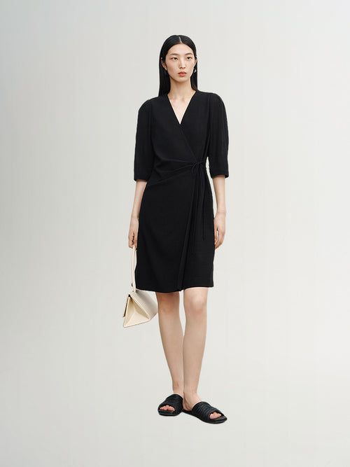 Load image 1 in gallery view. Black dress with round neck and long sleeves, high waist