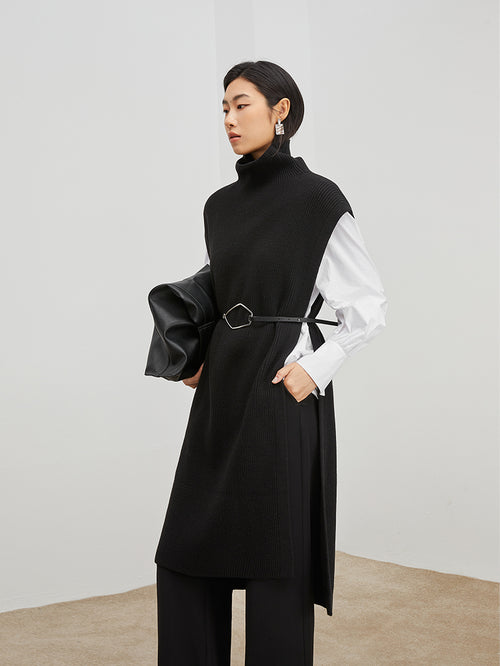 Load image 1 in gallery view. Women's Navy Blue High Neck Knit Wool Sweater Dress