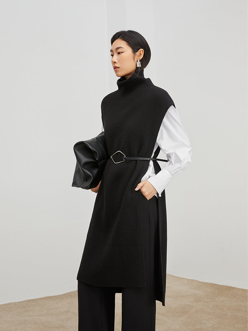 Women's Navy Blue High Neck Knit Wool Sweater Dress