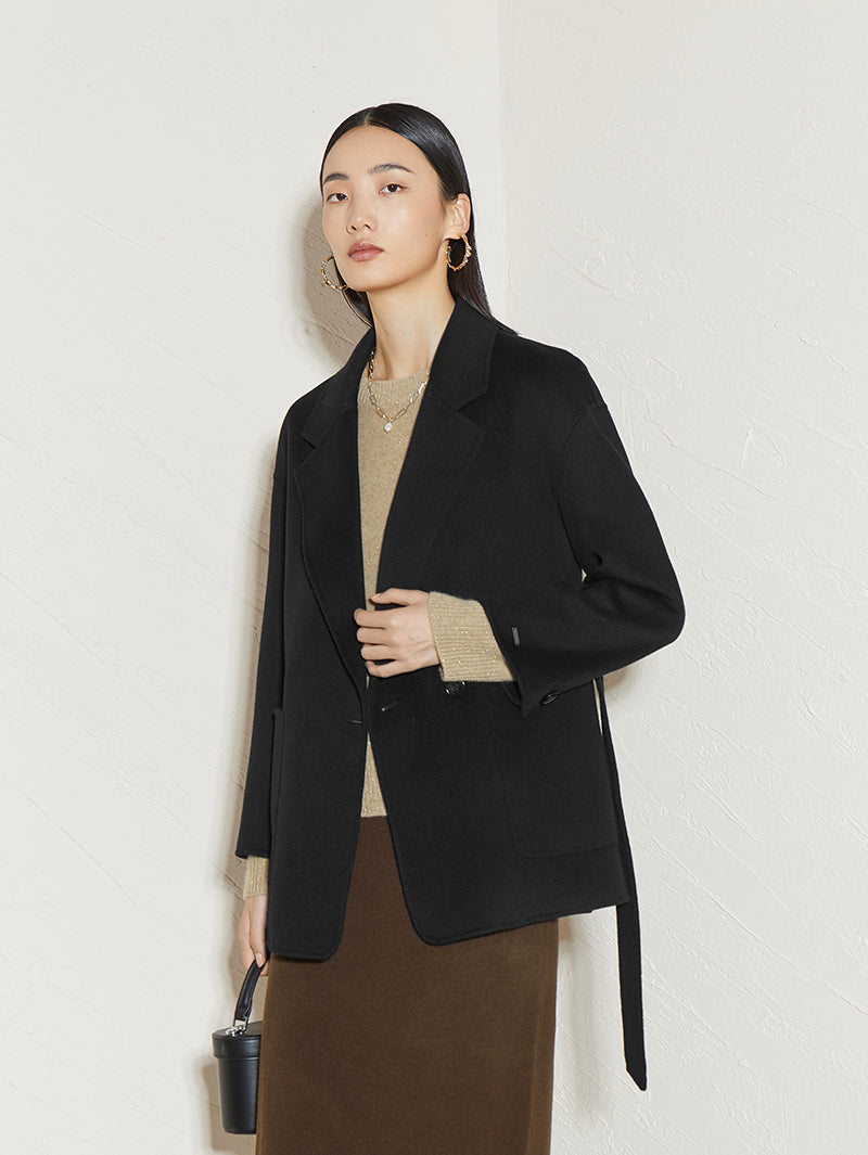 Women's Black 100% Sheep Wool Coat with Belt