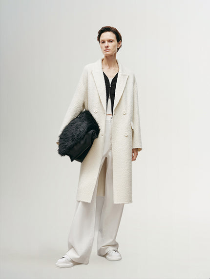 Women's White Peak Lapel Double Breasted Wool Coat