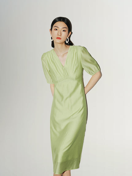 Women's Light Green V Neck Short Sleeves  Shirring Smocking Design Dress