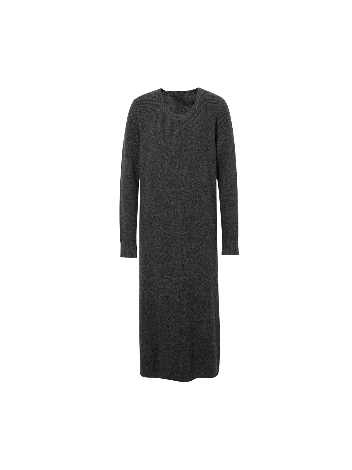 Women's Dark Gray Round Neck Long Sleeve Wool Dress