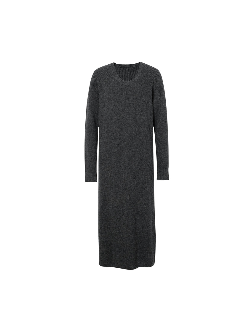 Women's Dark Gray Round Neck Long Sleeve Wool Dress