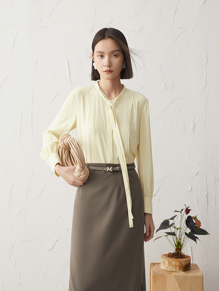 Women's Light Yellow Bow-knot Neck Long Sleeve Acetate Blouse