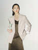 Camel gray blazer with notched collar, loose fit and double breasted