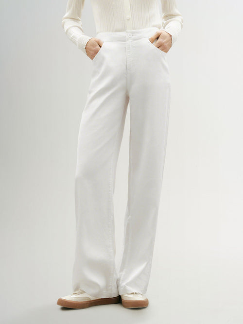 Load image 1 in gallery view. White Straight Fit 100% Lyocell Trousers