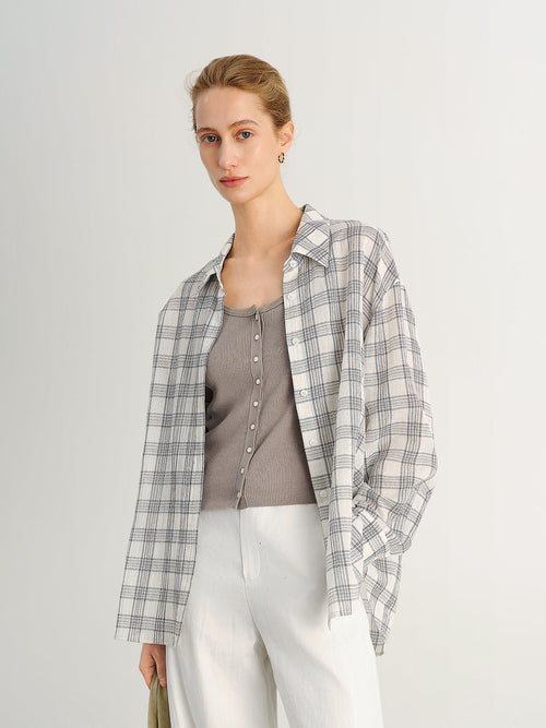 Carica immagine 1 in visualizzazione galleria. Relaxed-Fit Drop-Shoulder Long-Sleeve Plaid Lapel Shirt