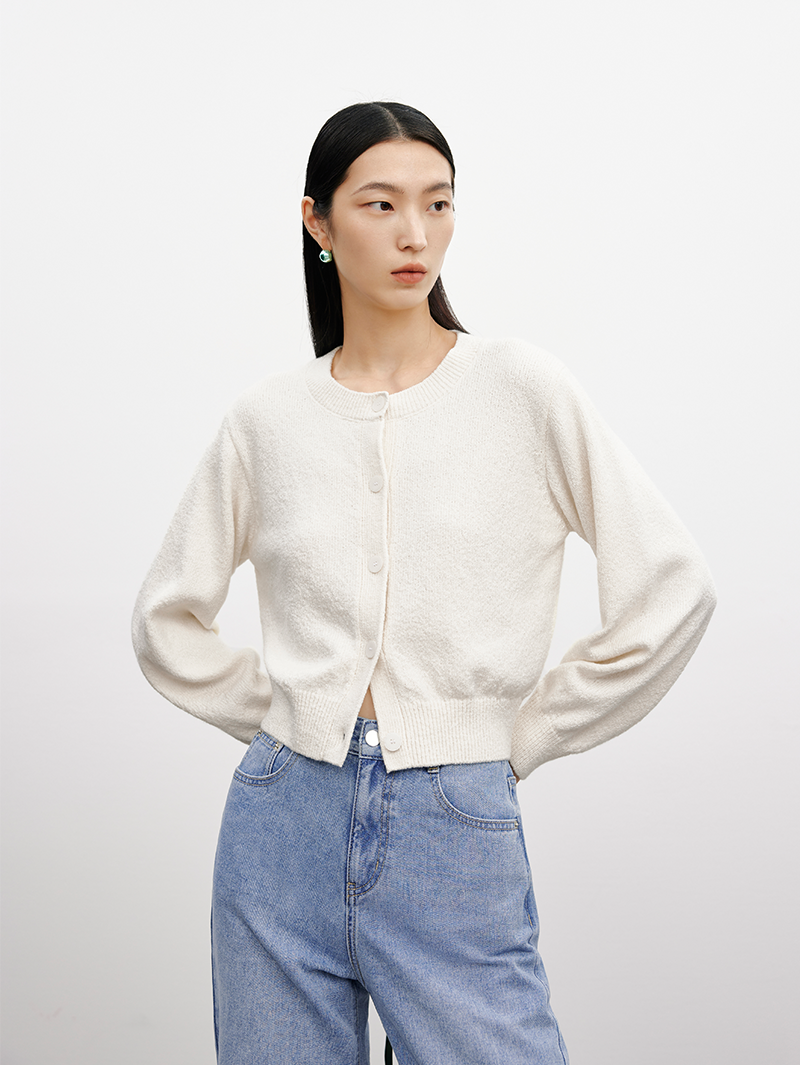 Women's Off-White Round Neck Button Down Cotton Wool Cardigan Sweater