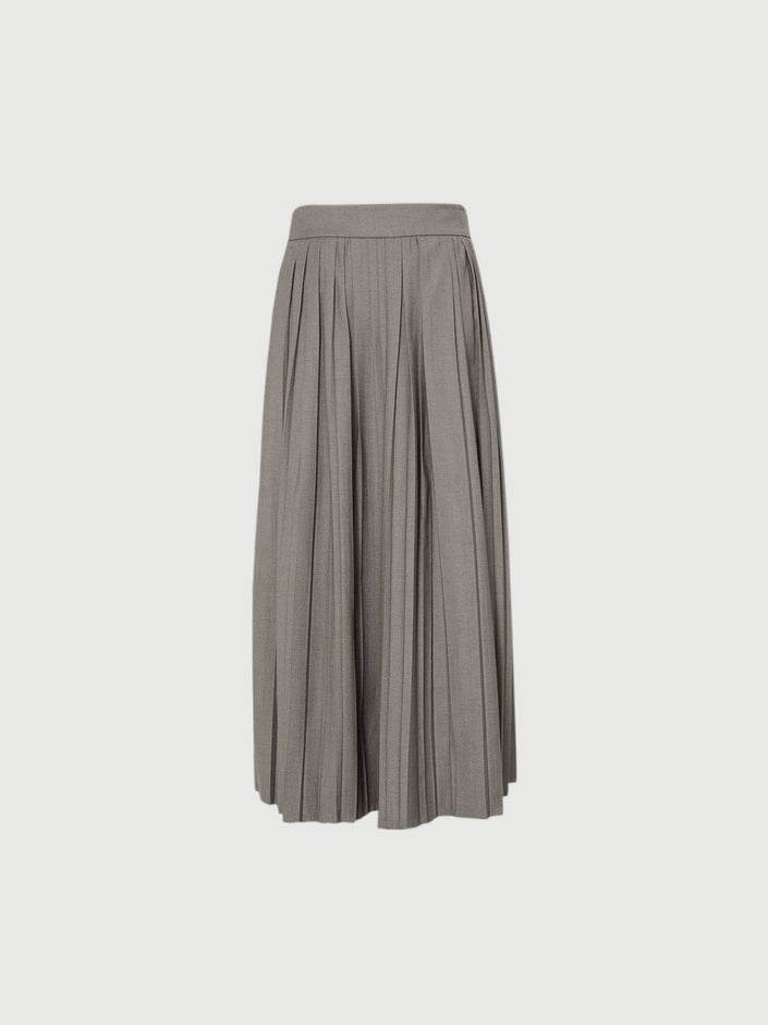 Women's Gray Wool Pleated Design Long Skirt