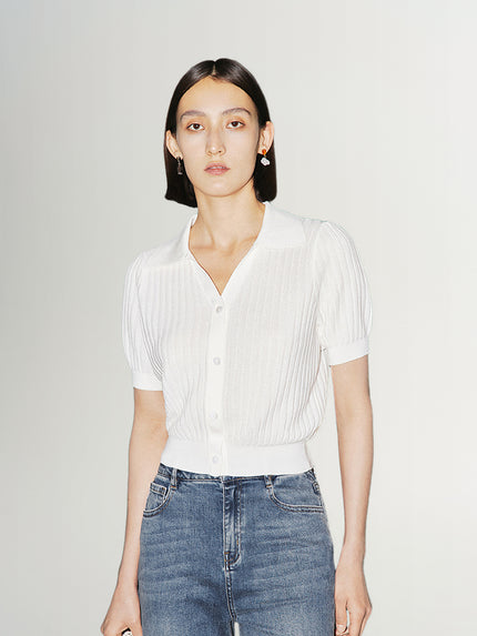 Women's White Polo Neck Short Sleeves Rib Knit Top