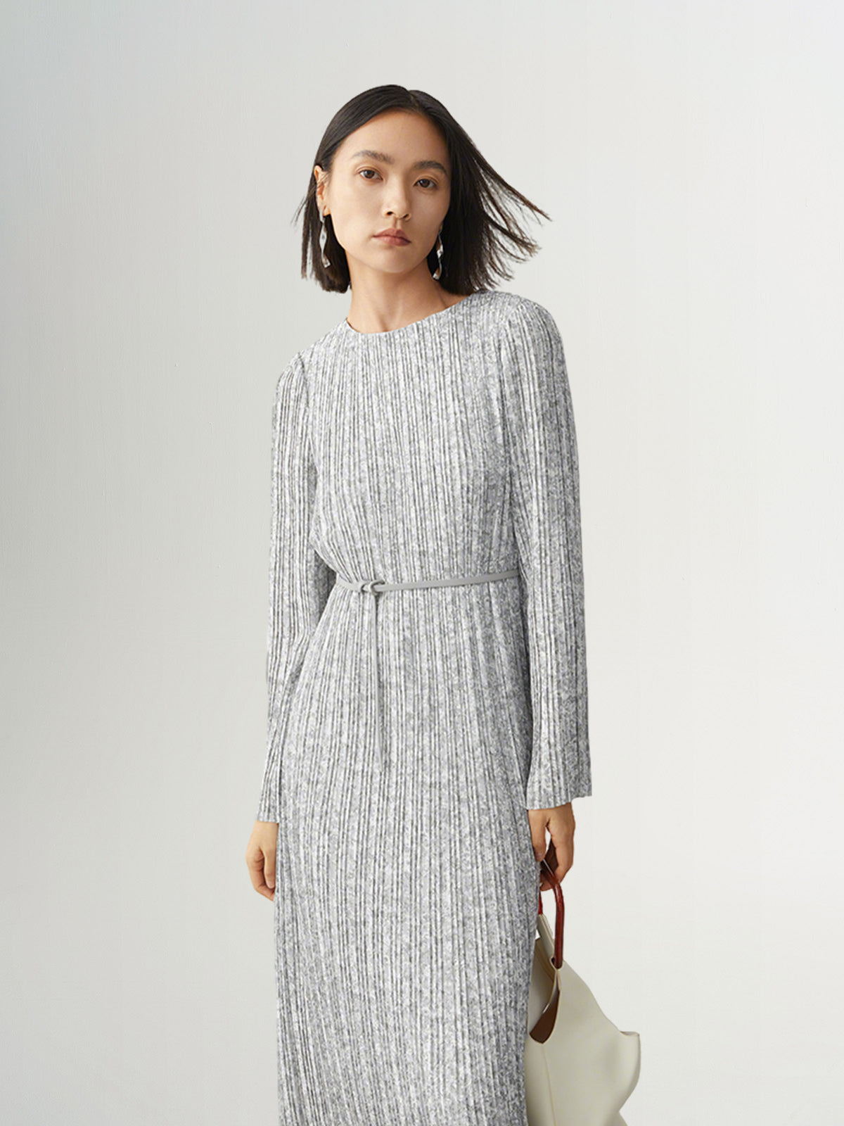 Women's Gray Floral Pattern Round Neck Long Sleeve Belted Dress