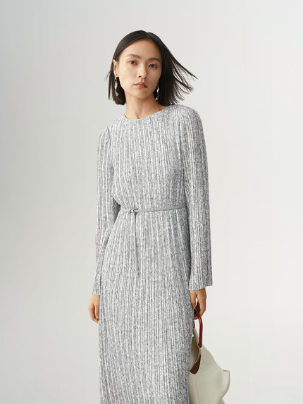 Women's Gray Floral Pattern Round Neck Long Sleeve Belted Dress