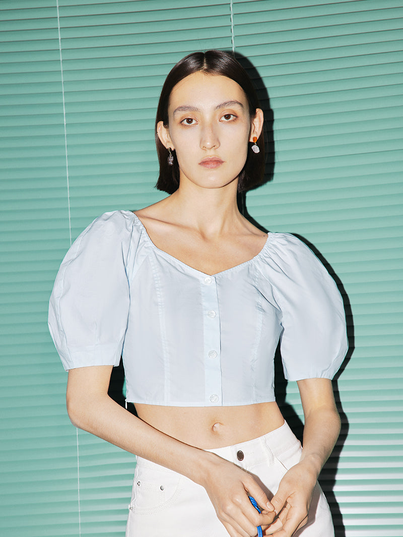 Women's Ice Point Blue Square Neck Puff Sleeves 100% Cotton Short Blouse Shirt 5E5222691