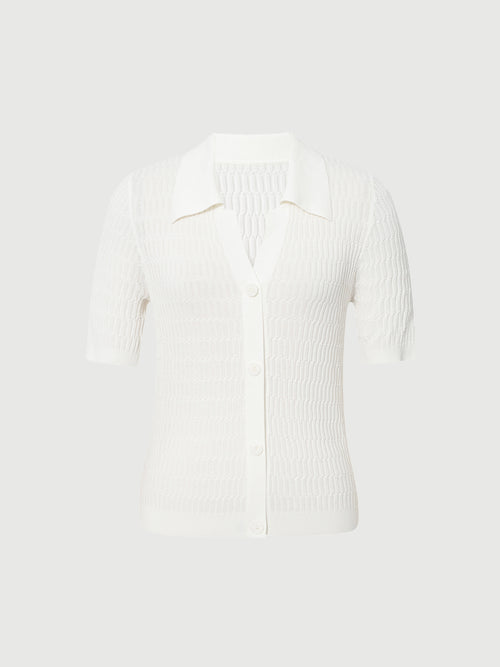 Carica immagine 1 in visualizzazione galleria. Top en maille à col polo blanc à manches courtes en coton