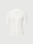 Women's White Polo Neck V Neck Short Sleeves Cotton Knitted Sweater 5E7232741