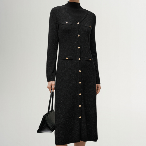 Load image 1 in gallery view. Black shimmering wool jersey dress