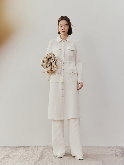 Load image 1 in gallery view. Women's White Wool Classic Collar Long Sleeve Drawstring Wasit Dress