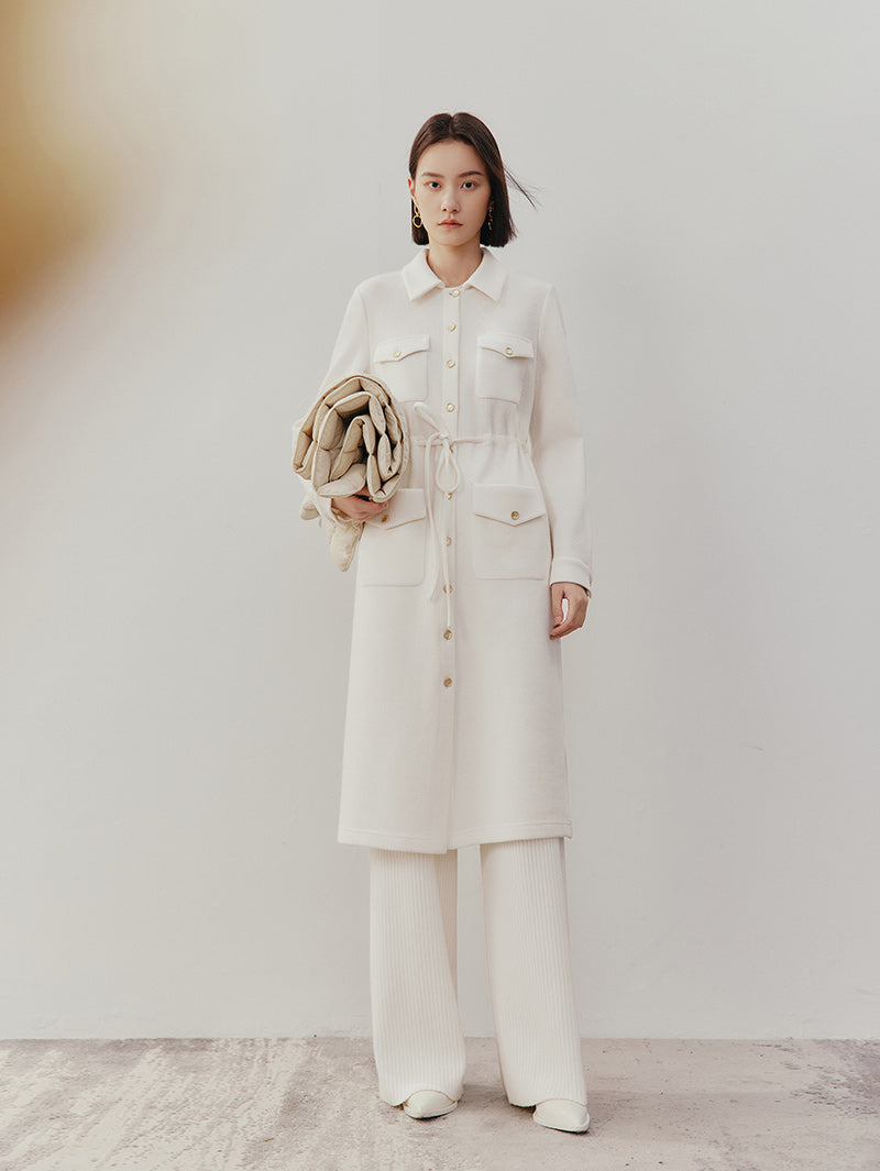 Women's White Wool Classic Collar Long Sleeve Drawstring Wasit Dress