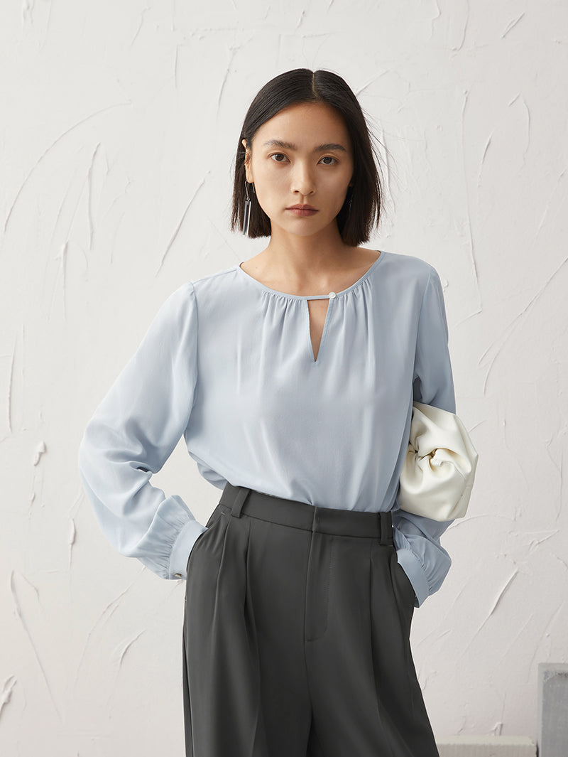 Women's Light Blue V Neck 100% Silk Blouse