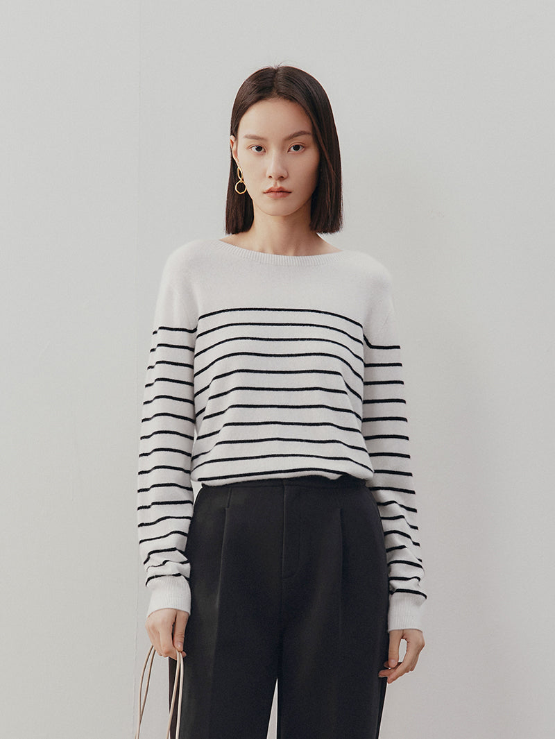 Women's White Stripe Round Neck Knit Cashmere Sweater