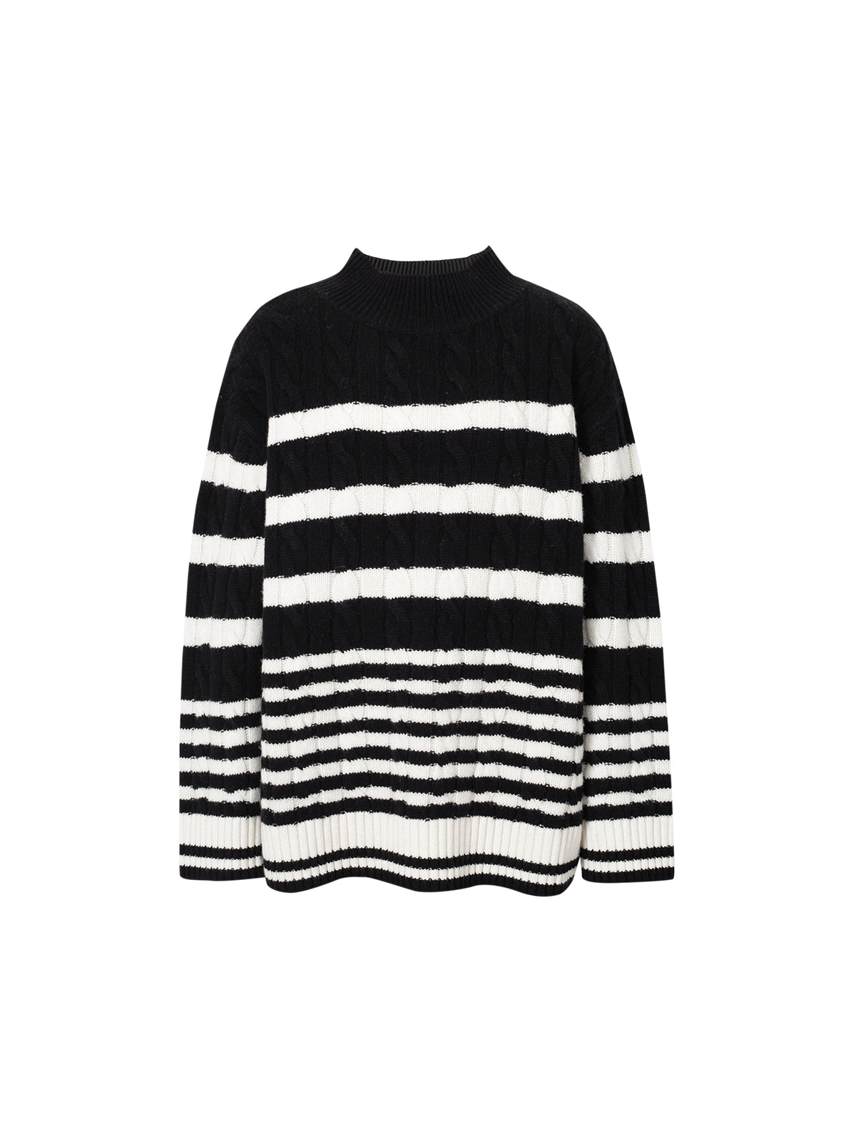 Women's Black and White  High Neck Long Sleeves 100% Wool Sweater