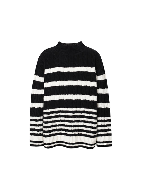 Carica immagine 1 in visualizzazione galleria. Women's Black and White  High Neck Long Sleeves 100% Wool Sweater