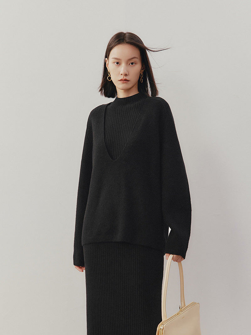 Women's Black V Neck Long Sleeve Wool Sweater