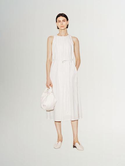 Women's Off-White Round Neck Sleeveless Belted Dress