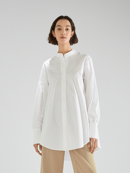 Women's White Round Neck Cotton Button Long Sleeve Shirt