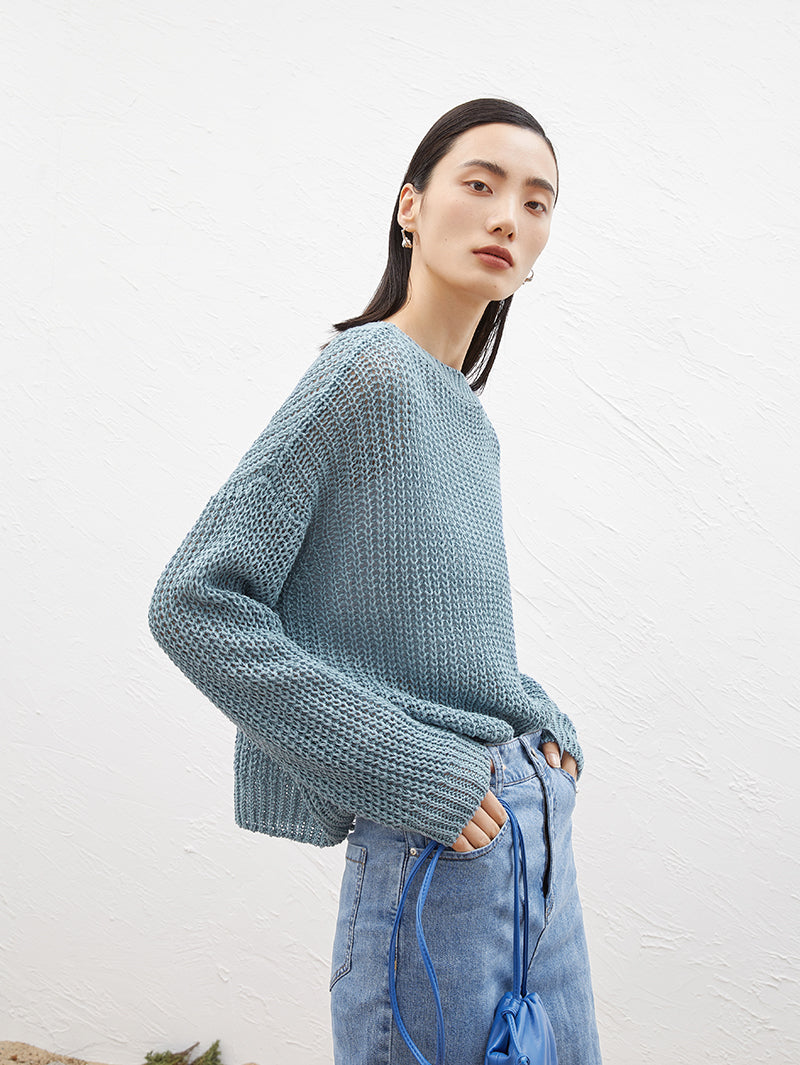 Women's Blue Round Neck Long Sleeve Sweater