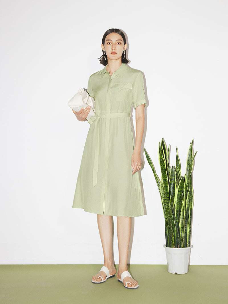 Women's Light Green Stand Collar Short Sleeves Button Down Dress